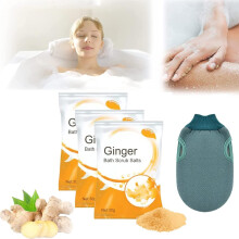Ginger Bath Salt Set for Women, Lymphatic Detox Exfoliating Soak with Scrubbing Glove, Home Spa Treatment