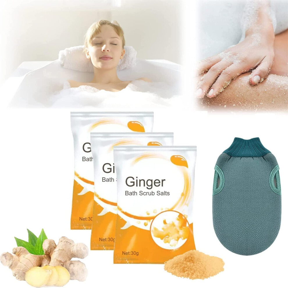 Ginger Bath Salt Set for Women, Lymphatic Detox Exfoliating Soak with Scrubbing Glove, Home Spa Treatment