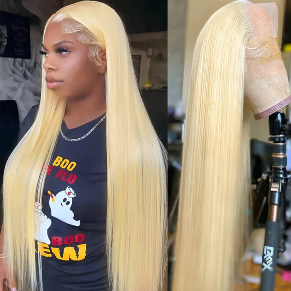 Unisex Black 30 Inch 613 Blonde Lace Front Wig Human Hair, Hd Brazilian Straight Glueless 13X4 Pre Plucked Wig For Women
