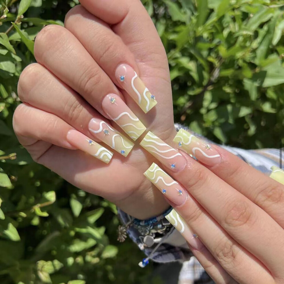 Pink 24Pcs Long Coffin Press On Nails With Rhinestones Gradient Yellow Fake Nails Salonquality Manicure