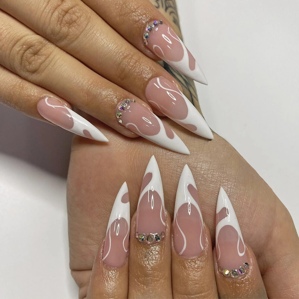 Long Almond Press on Nails White French Tip Fake Nails with Rhinestones, Reusable Glossy Set 24Pcs