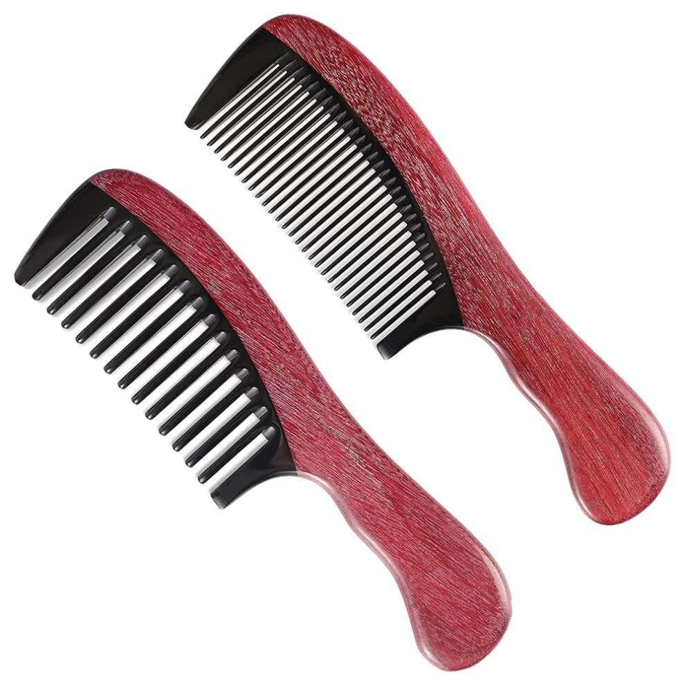 Handmade Natural Violet Sandalwood Hair Comb Set, AntiStatic Wooden Wide and Fine Tooth for Detangling and Styling