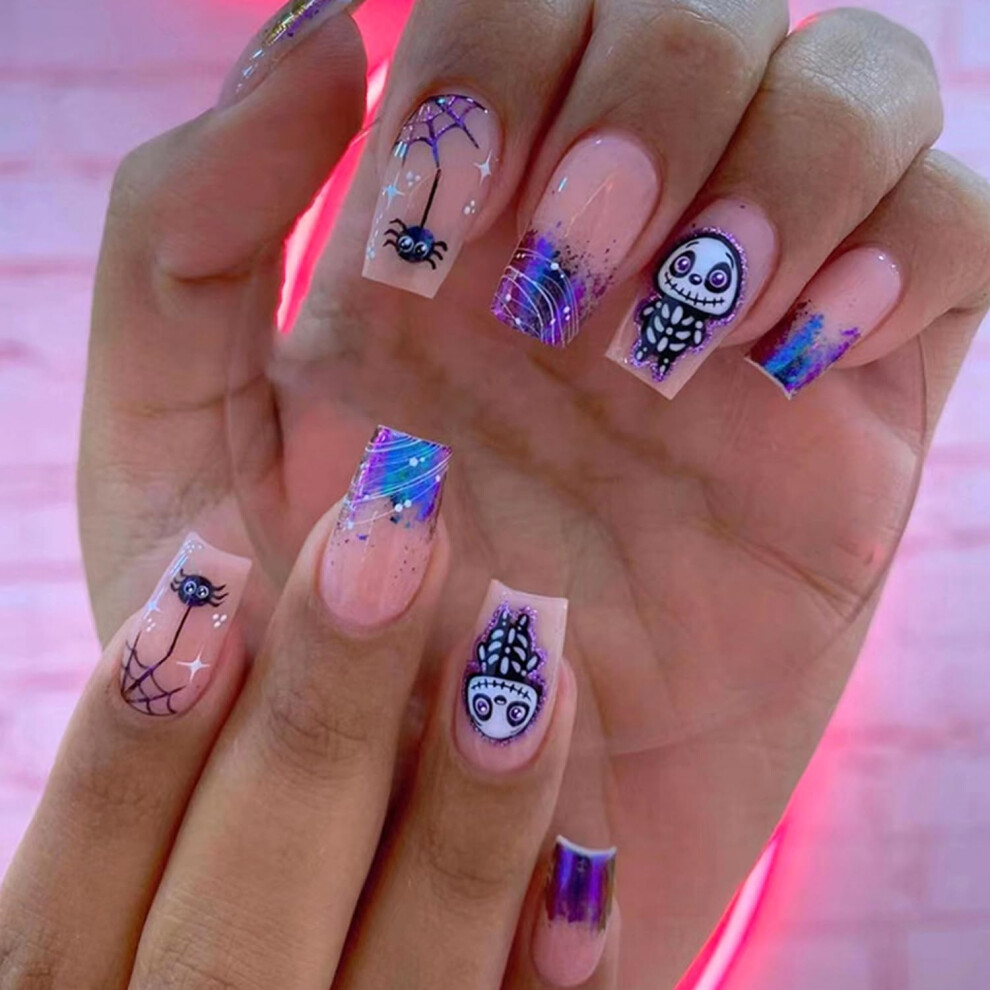 Blue,Purple Halloween Press On Nails Set Blue Purple Gradient Coffin Shape Reusable Acrylic False Nails With Glue