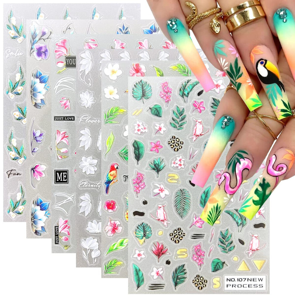 Green/Pink 6 Sheets 5D Flower Nail Art Stickers Ultrathin Tropical Palm Magnolia Decals For Manicure