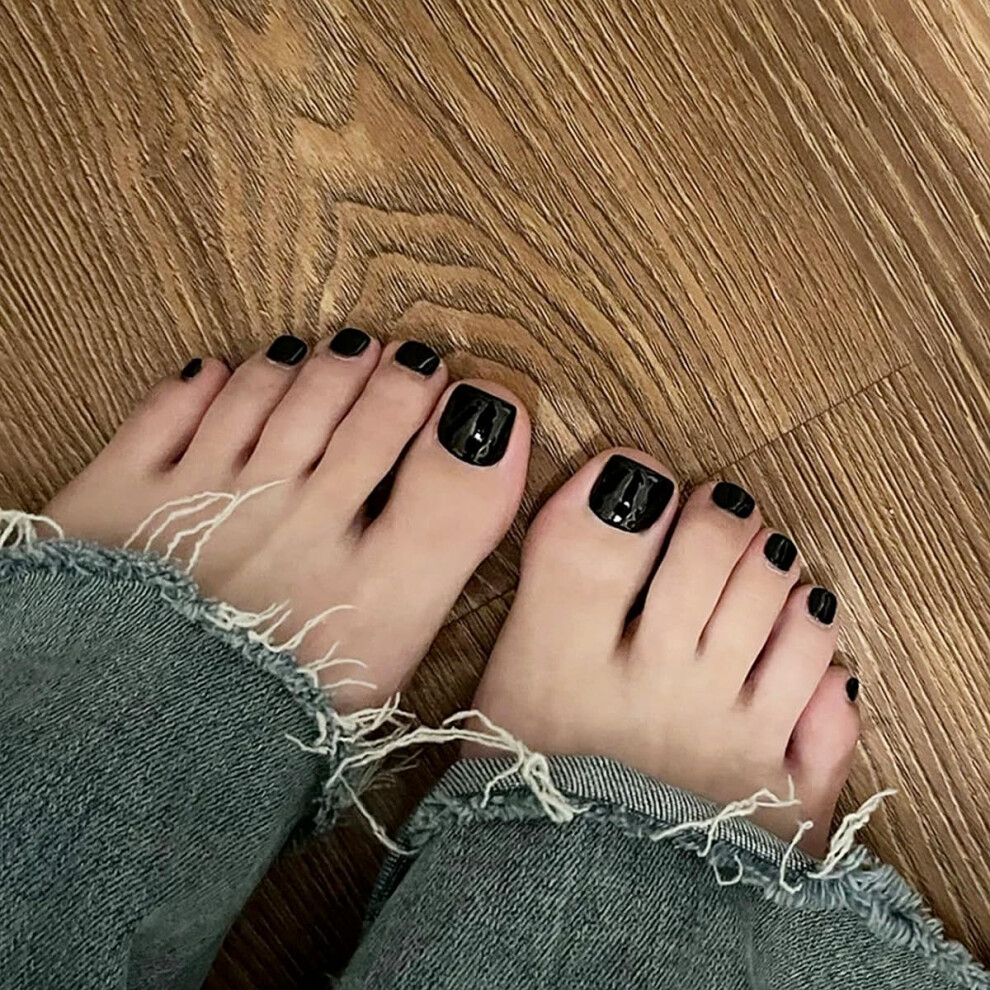 Black Press On Toenails Acrylic Square Fake Toe Nails With Glue Glossy Reusable Kit 24Pcs