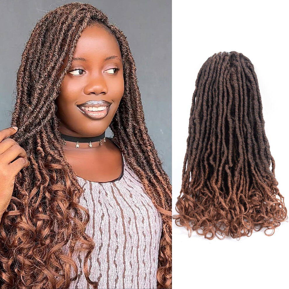 Unisex Brown 18 Inch Ombre Crochet Hair Extensions, Prelooped Soft Faux Locs With Natural Curly Ends