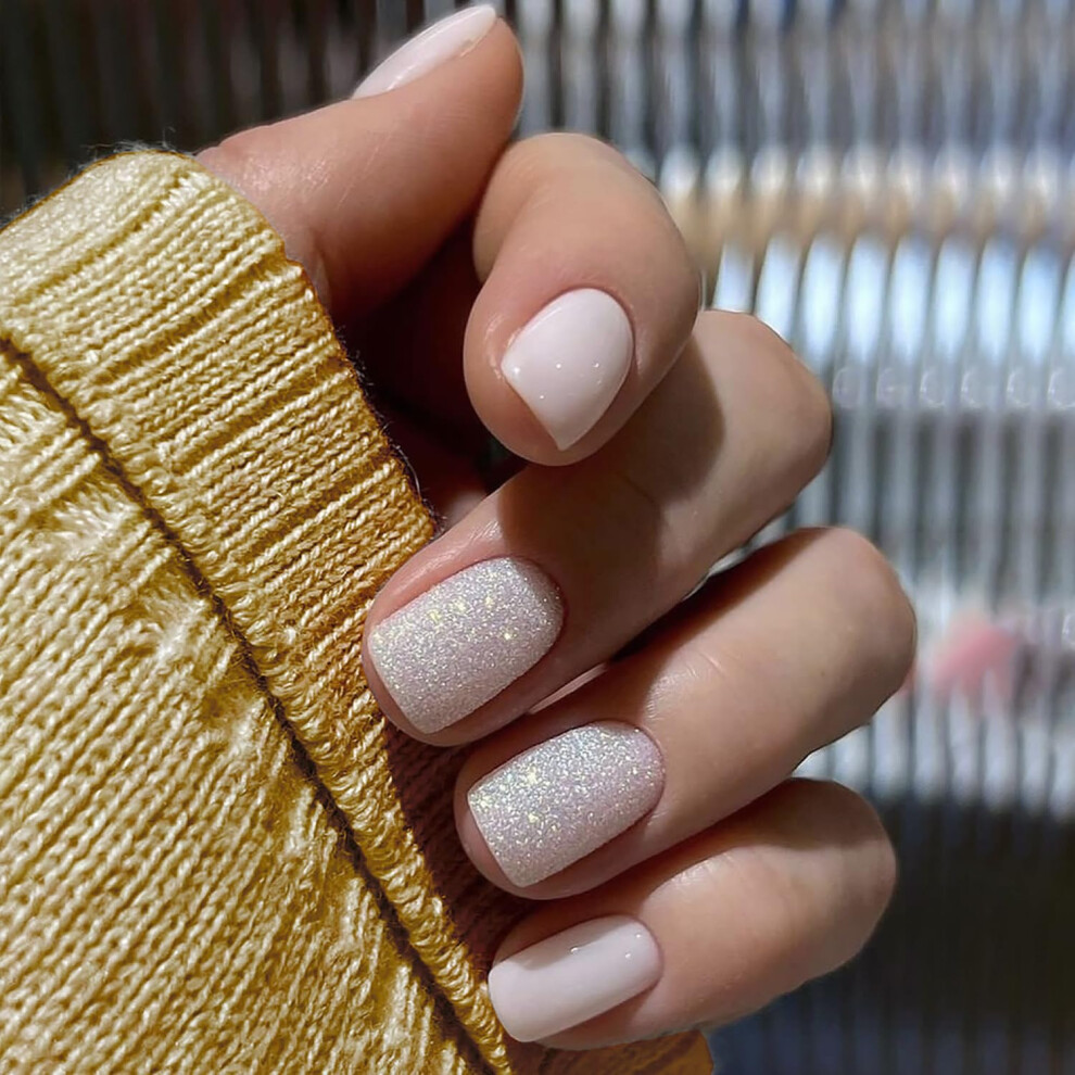Pink Press On Nails With Glitter Square Acrylic Fake Nails Kit Reusable Glossy Finish 24Pcs
