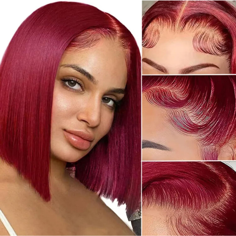 Unisex Red 99J Burgundy 11 Inch 13X4 Lace Front Human Hair Bob Wig Pre Plucked Glueless With Baby Hair