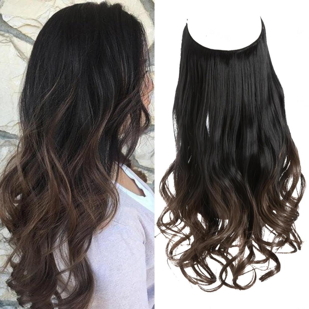 Long Wavy Synthetic Hair Extensions with Invisible Wire Design, HeatâResistant Fiber for Instant Volume Boost, 1BT8 18inch