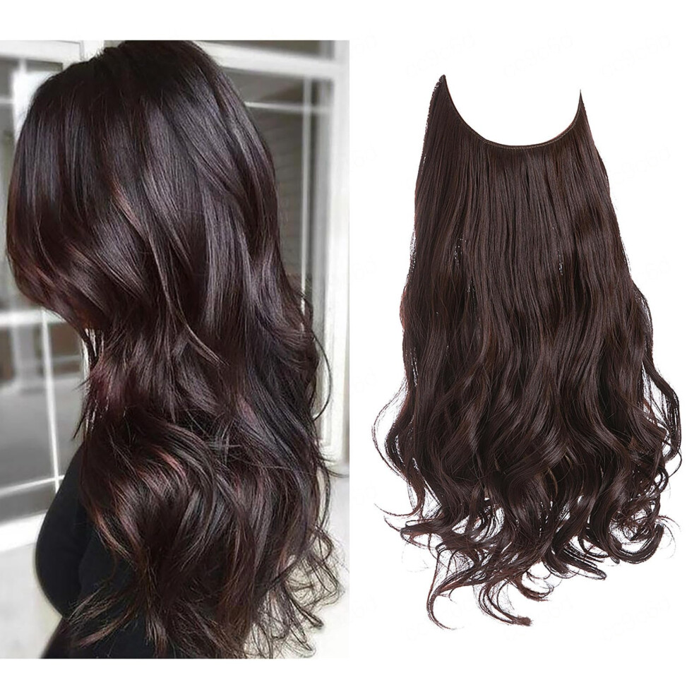 Unisex Black Invisible Wire Hair Extensions Adjustable Long Wavy Synthetic Hairpiece Heat Resistant 12Inch