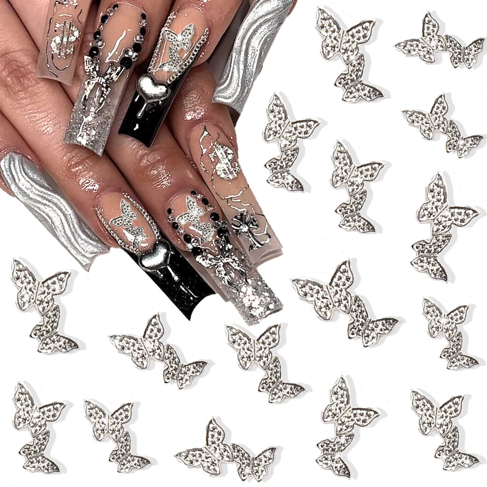 Silver Butterfly Nail Charms 3D Metal Alloy Decorations For Nails And Diy Crafts 30Pcs