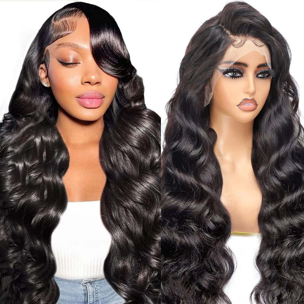 Unisex Black Brazilian Virgin Human Hair Wig 22 Inch 13X6 Hd Lace Front Glueless Body Wave Preplucked