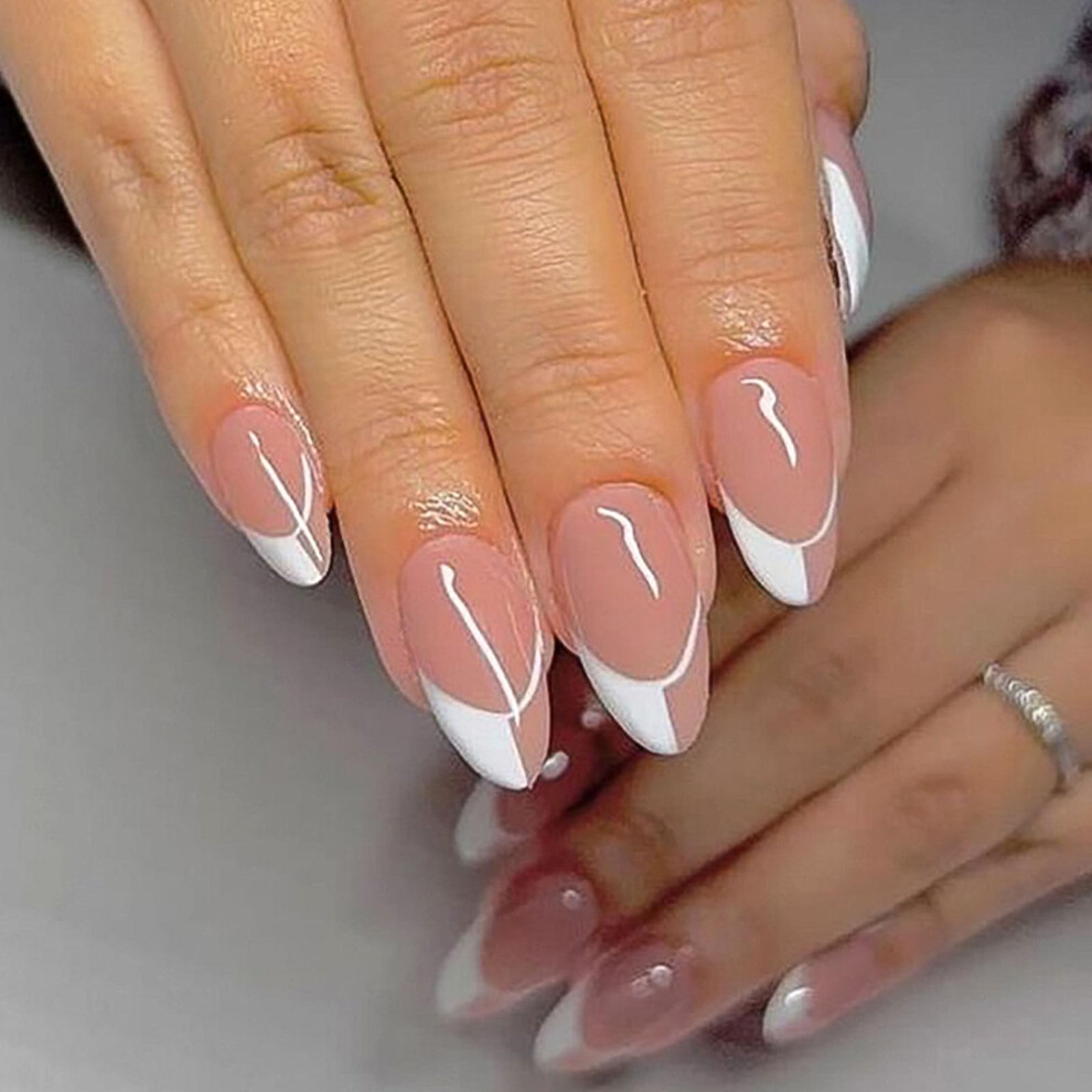 Cream Medium French Tip Press On Nails Almond Nude Glossy False Nails Set 24Pcs Full Cover Acrylic