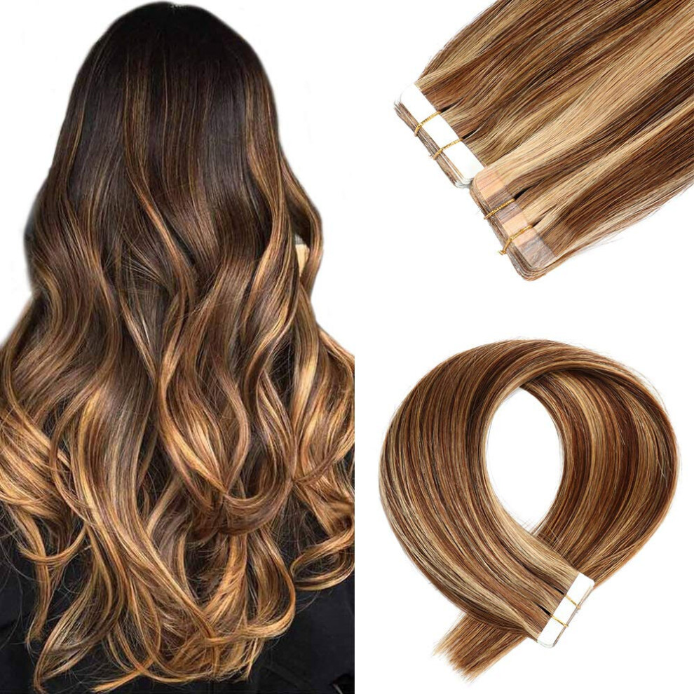Unisex Brown Tape In Hair Extensions Balayage To Caramel Blonde Remy Human Hair 16 Inch 20Pcs