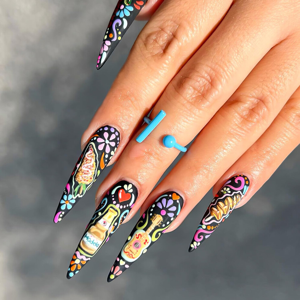 Black 24 Pcs Medium Stiletto Press On Nails Set, ReadyâToâWear False Acrylic Nails With Flower And Totem Designs