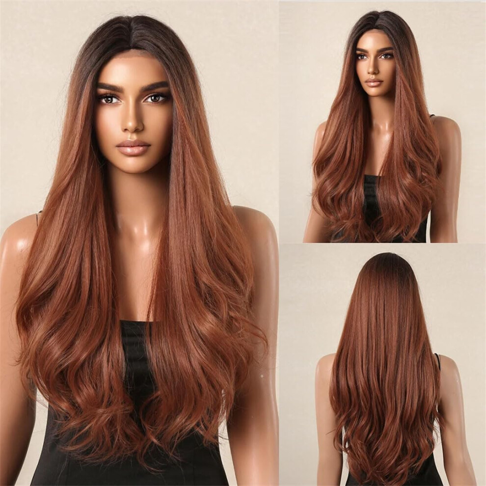 Unisex Brown Ombre Lace Front Wig For Women Long Wavy Synthetic Glueless Heat Resistant Natural Hairline