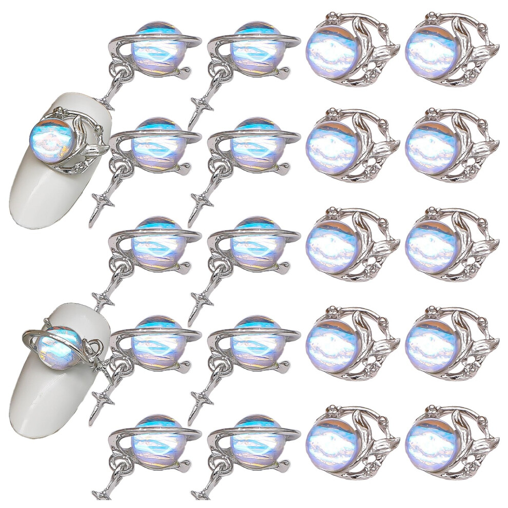 Silver 20Pcs Alloy Planet Nail Charms For Acrylic Nails Rhinestone Y2k Nail Art Decorations Set