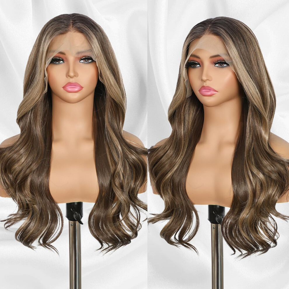 Blonde Lace Front Wig 13x4 Brown Mix Highlight Pre Plucked Body Wave Synthetic Wig 22 Inch