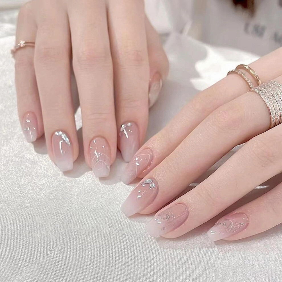 Ombre French Tip Press On Nails with Rhinestones, Medium Ballerina Fake Nails Glitter Acrylic Set 24pcs
