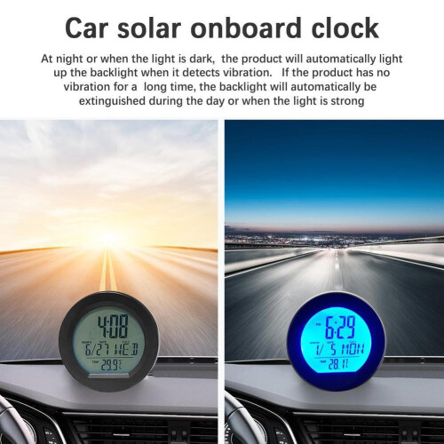 Car Digital Thermometer Clock with Solar Power, Automatic Backlight, Indoor Outdoor Temperature Display 2