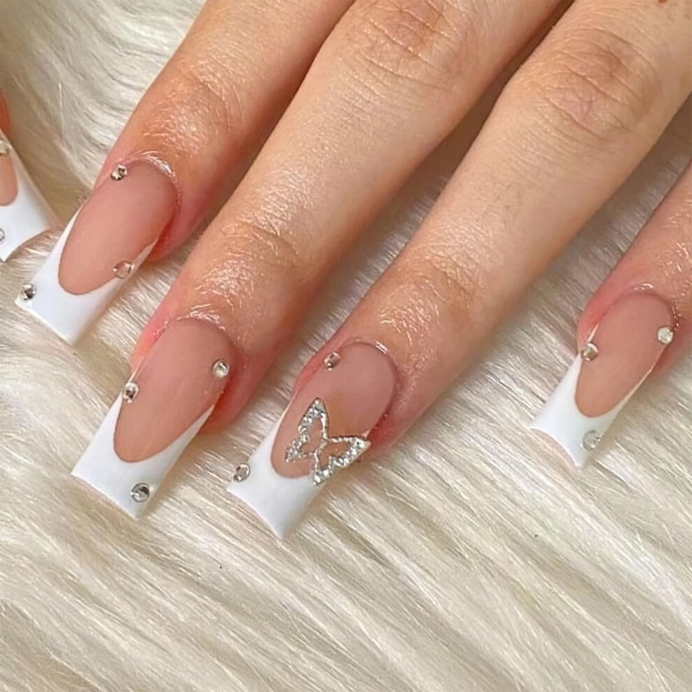 French Tip Press On Nails with Butterfly Charms and Rhinestones, Glossy Pink Reusable Acrylic Set