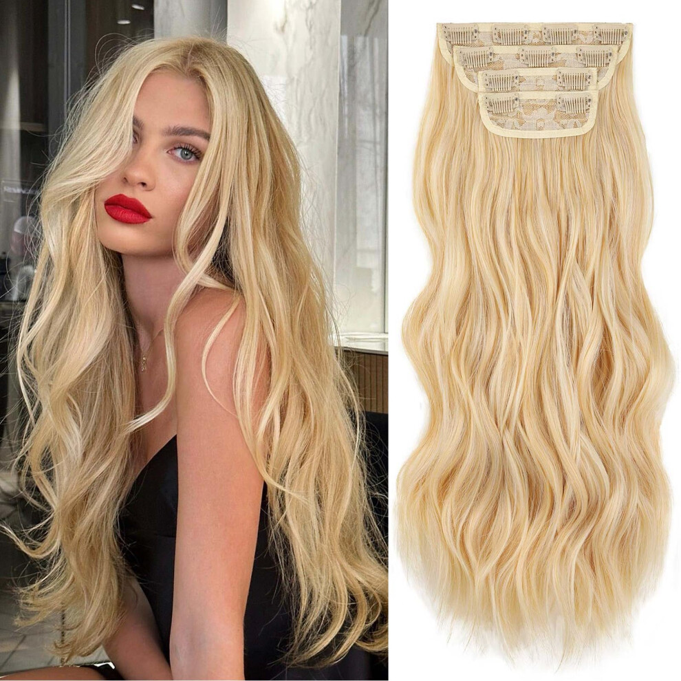 Unisex 20 Inch Blonde Clip In Hair Extensions 4Pcs Set Curly Wavy Synthetic Hair Pieces Heat Resistant For Instant Volume Boost