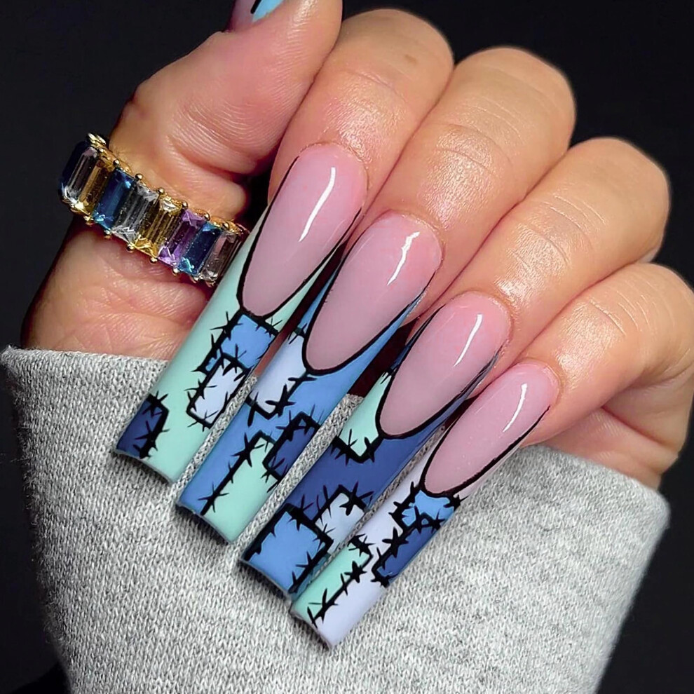 Blue Extra Long French Tip Coffin Press On Nails, Glossy Acrylic Ballerina False Nails 24Pcs
