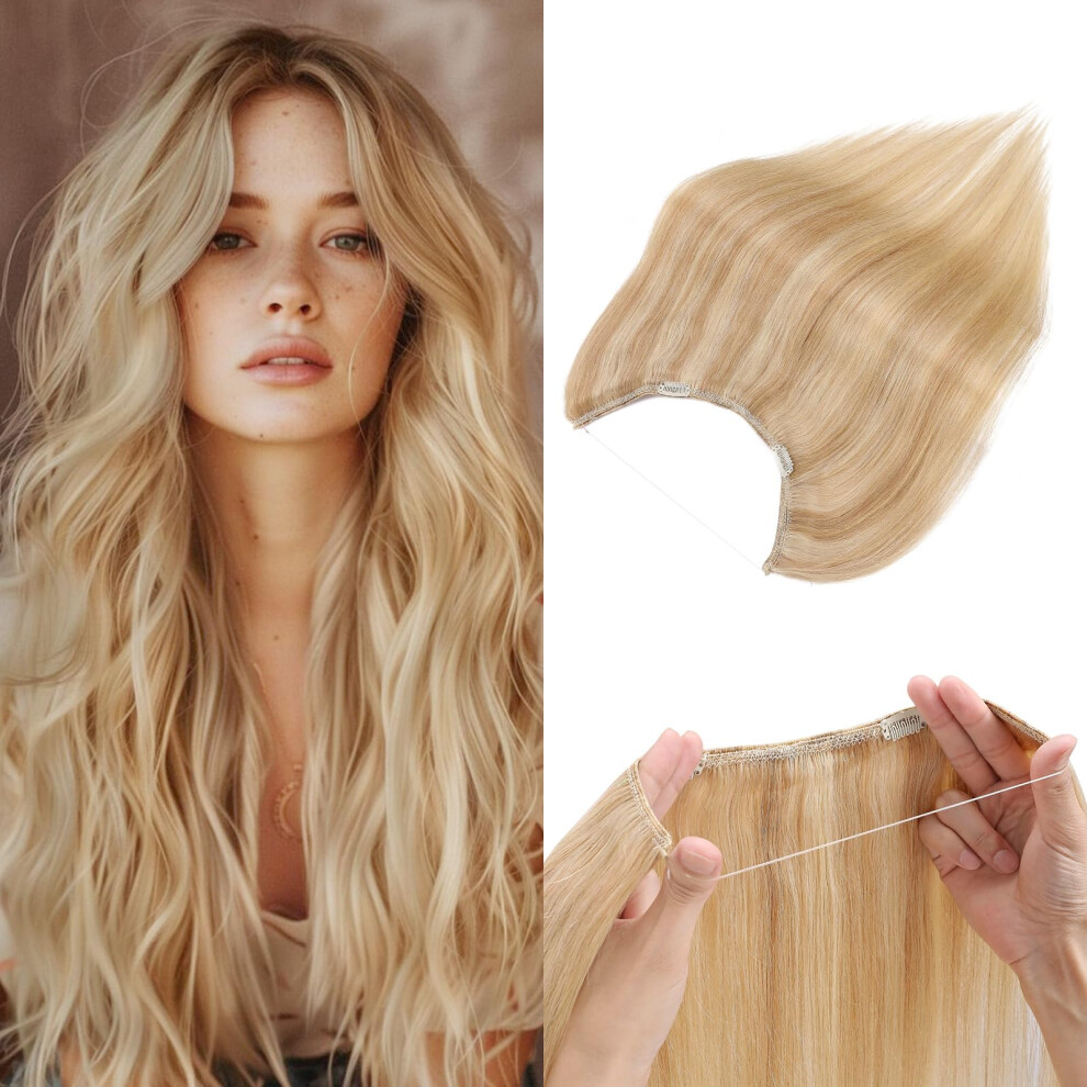 Unisex Halo Hair Extensions Real Human Hair 20 Inch Blonde Invisible Wire Instant Volume Boost