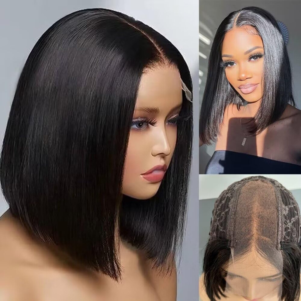 Unisex Black Hd Lace Closure Wig Human Hair Bob 14 Inch Natural Bleached Knots Pre Plucked Ultrathin