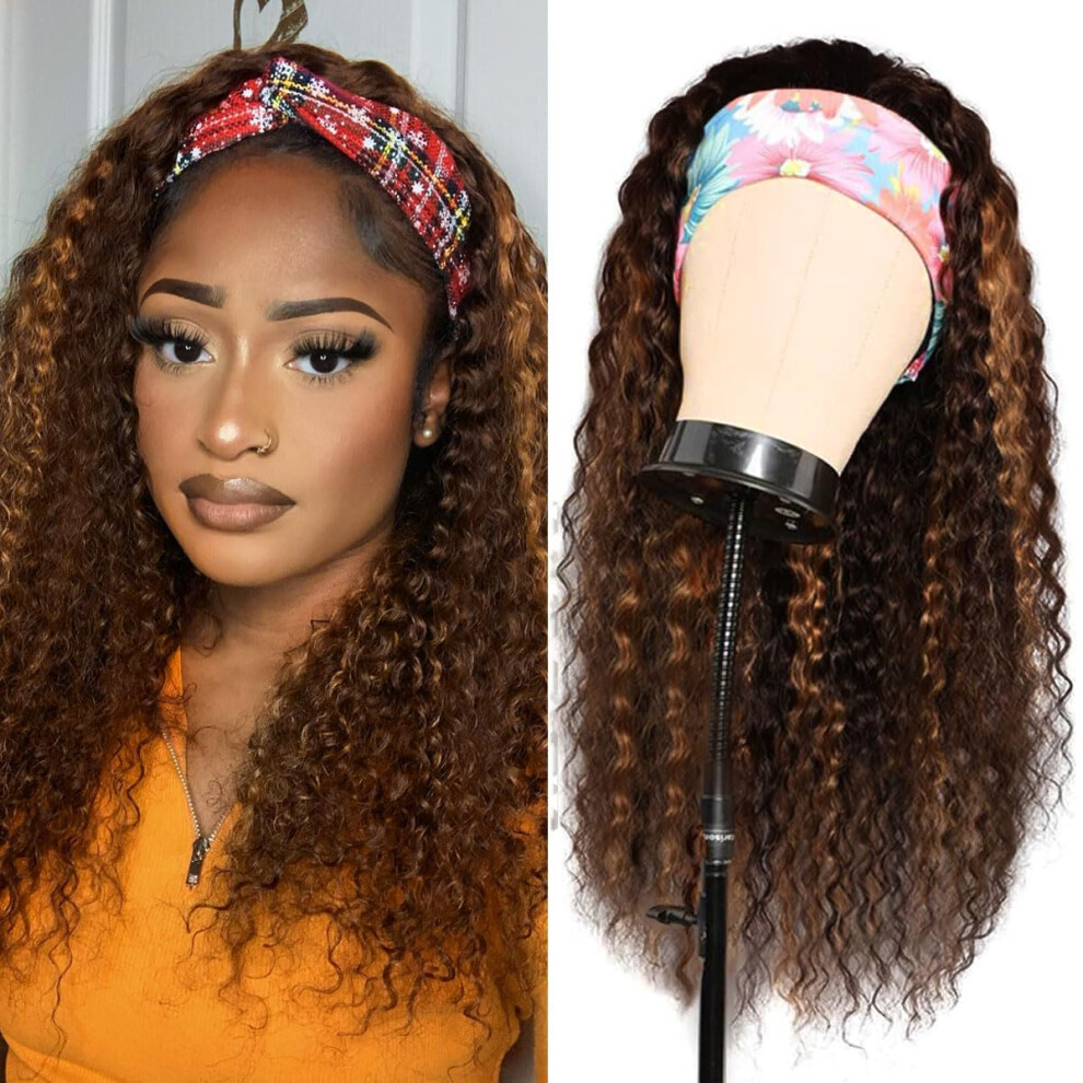 Unisex 20 Inch Ombre Deep Wave Headband Wig Human Hair 4/27 Highlight Glueless Brazilian Virgin Hair