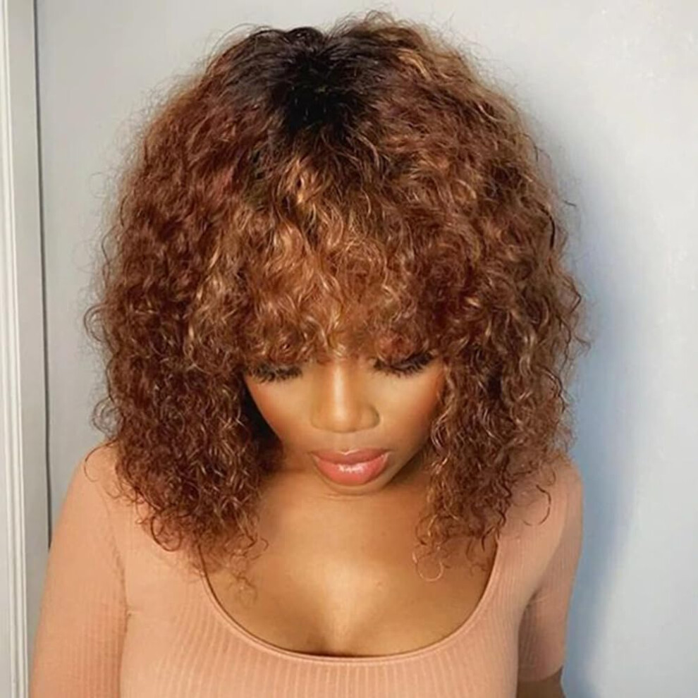 Unisex Human Hair Bob Wig Ombre Highlight Curly Style With Bangs Glueless Wear 14 Inch 150% Density