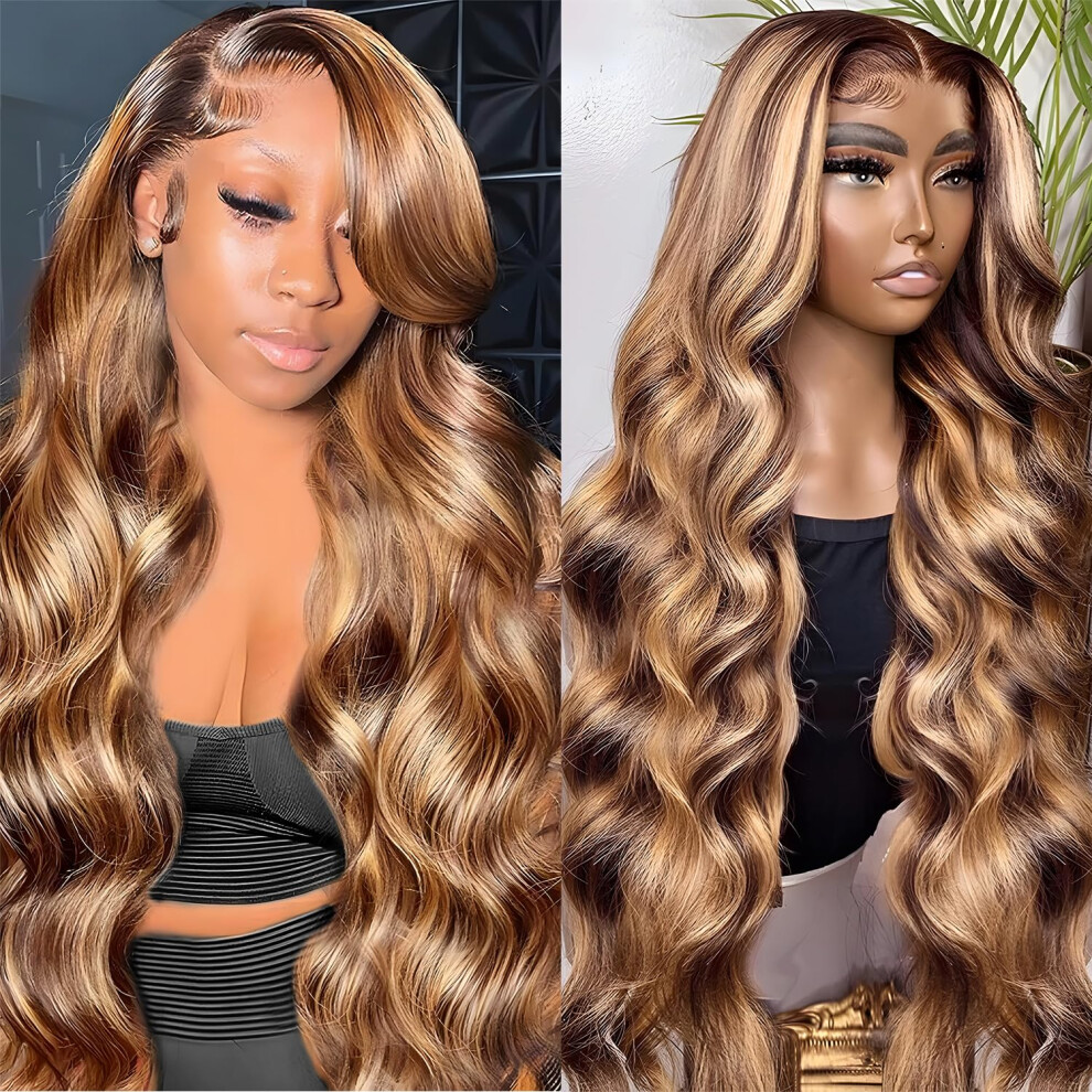 Unisex 32 Inch Human Hair Lace Front Wig 13X6 Highlight Honey Blonde Body Wave Pre Plucked Glueless