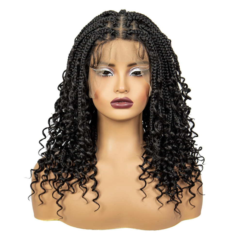 18 Inch Knotless Box Braided Lace Wig with Curly Ends, Full Lace Bob Wig with Baby Hair, Natural Look