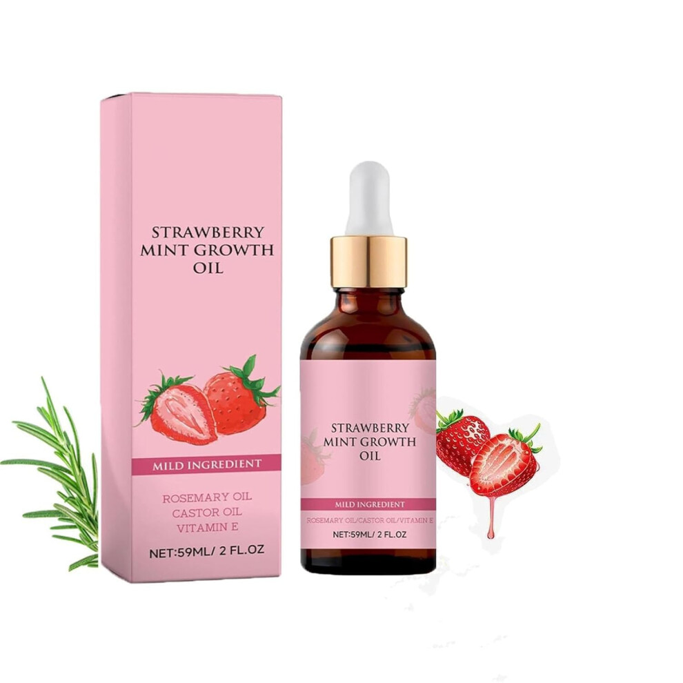 Organic Strawberry Mint Hair Growth Oil and Serum for Thin Dry Damaged Hair, Boosts Thickness and Shine, Pink