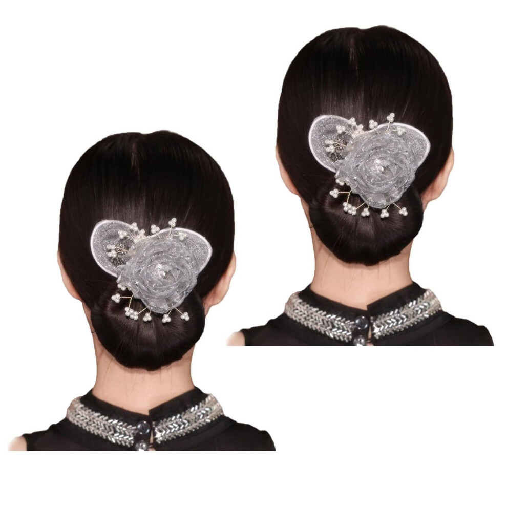 Hair Bun Maker with Hand Embroidered Flower Accessories, Satin Deft Bun Roller for Women and Girls Gray