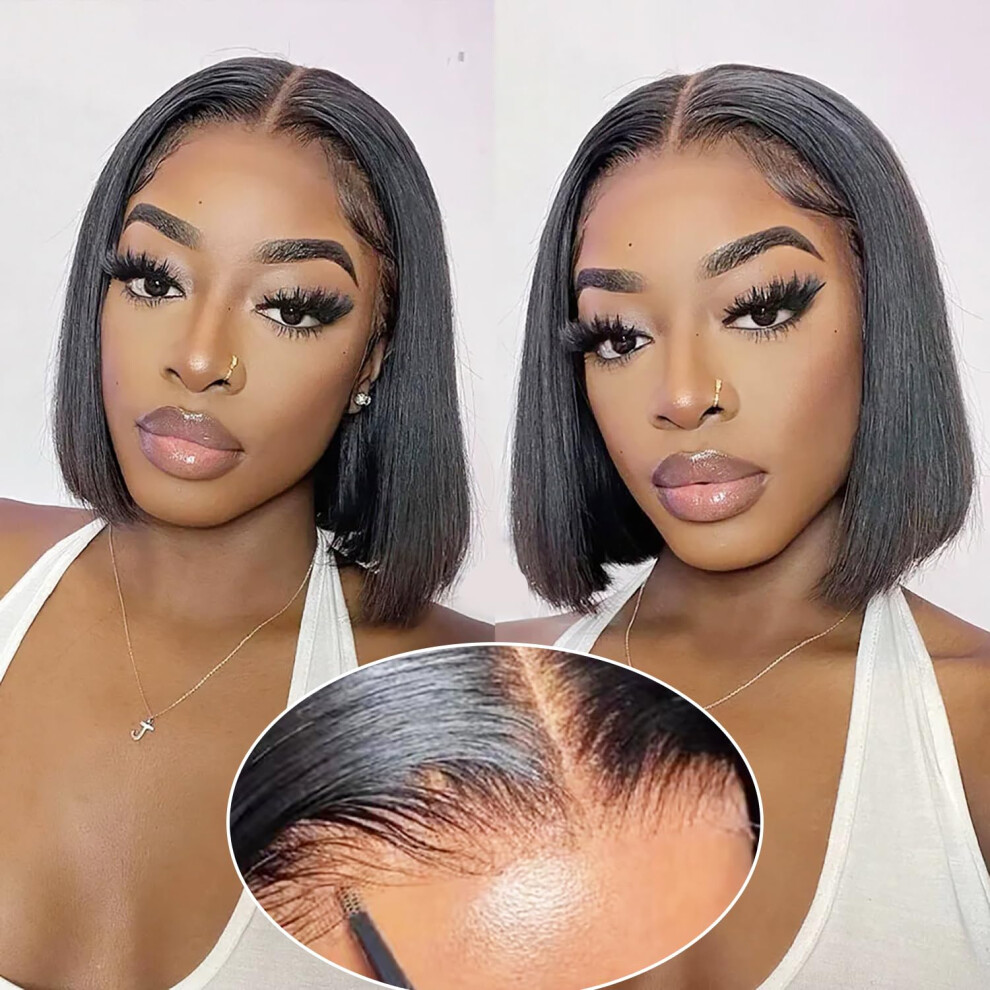 Unisex Black Glueless Lace Front Wig 13X4 Hd Lace Bob Human Hair Pre Plucked Readytowear For Women 8 Inch Natural
