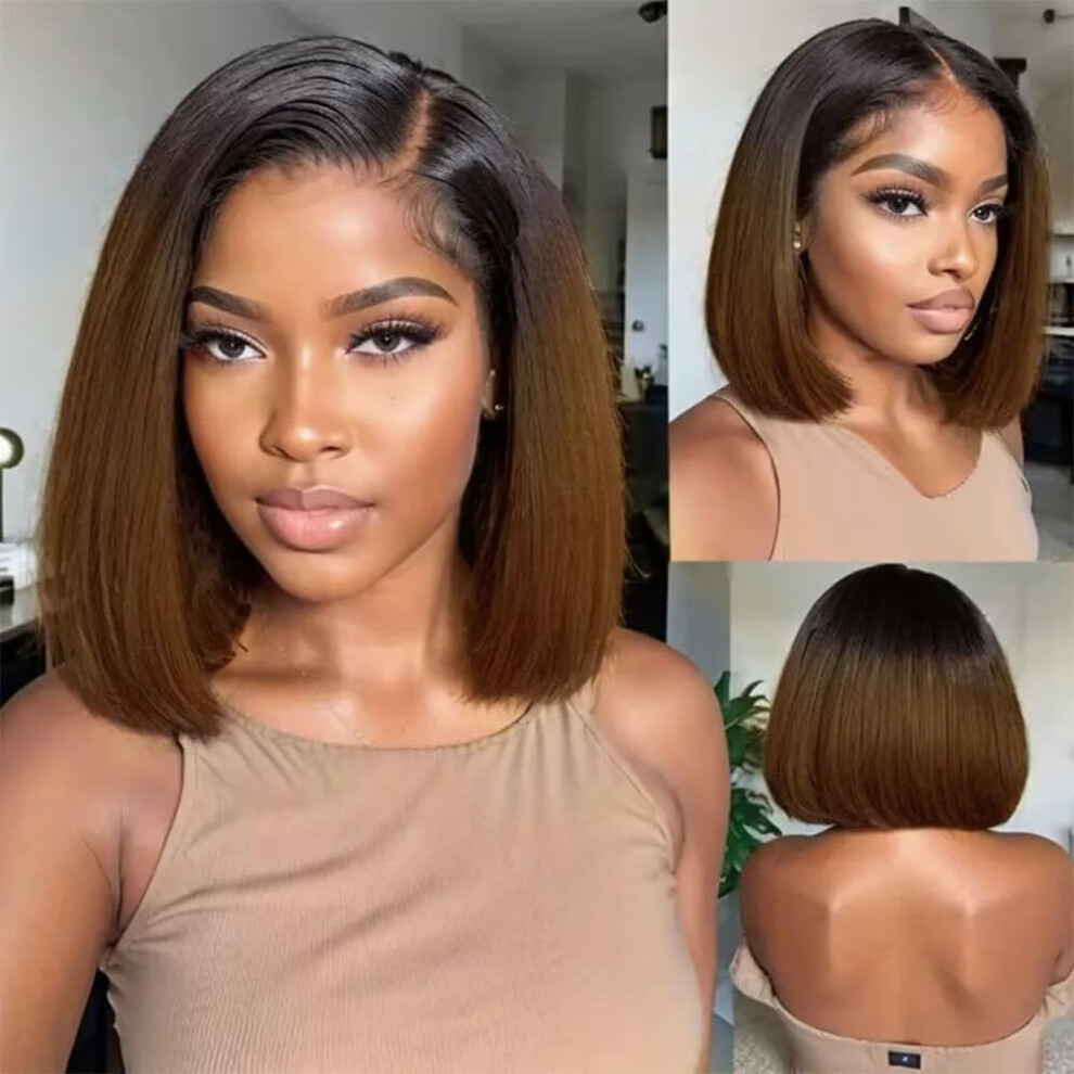 Unisex Brown 14 Inch Ombre Brazilian Human Hair Lace Front Bob Wig Hd Transparent Glueless Fit Pre Plucked Hairline 150% Density