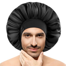 Silk Bonnet for Men Black 15 Inch, Adjustable Elastic Fit DoubleLayer Satin Sleep Cap for Curly Hair