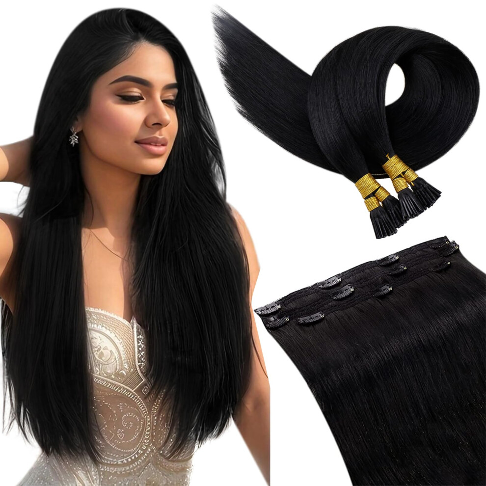 Unisex Black Human Hair Extensions I Tip Pre Bonded Jet 14 Inch 50G And Clip In 10 Inch 50G