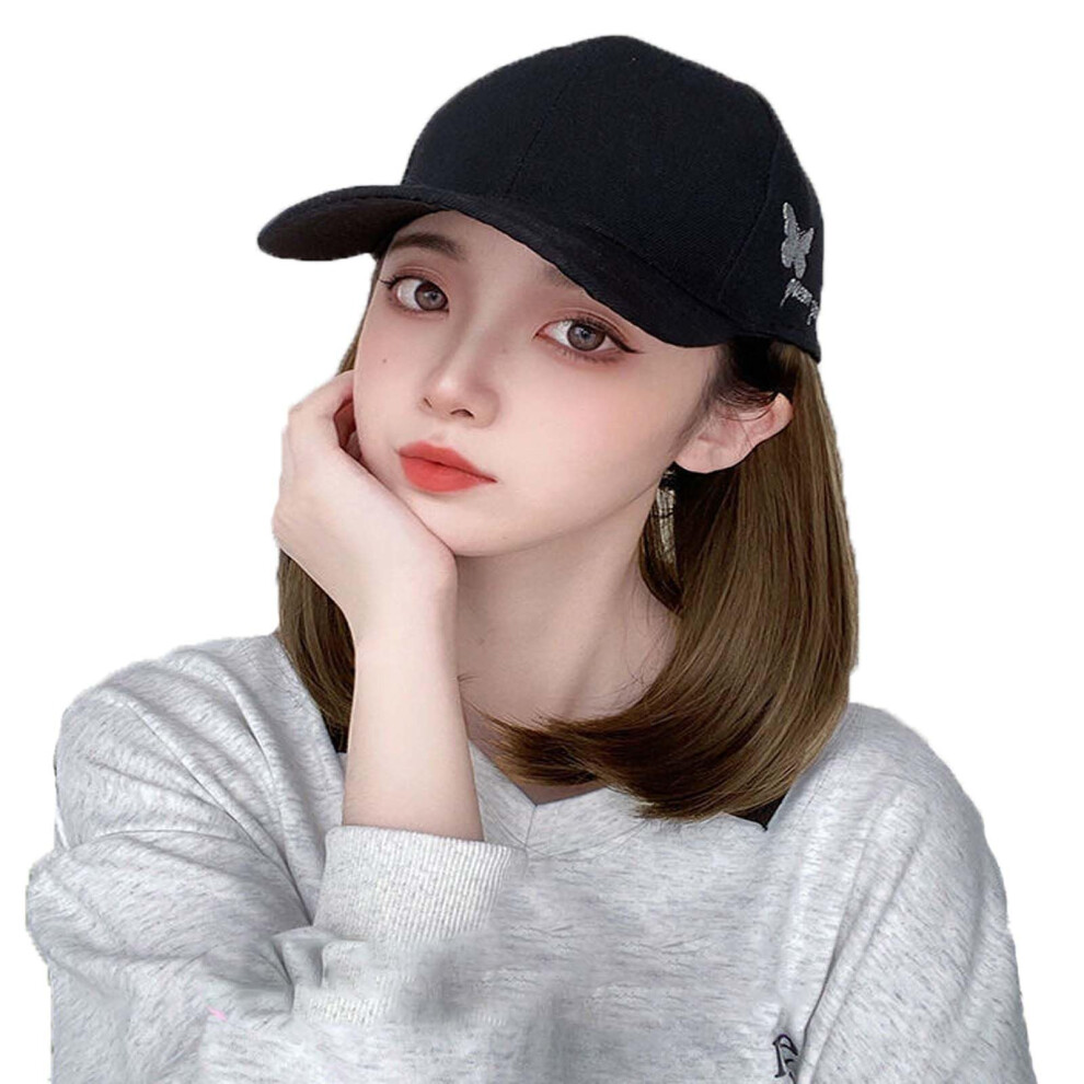 Women's Wig Hat Short Bob Baseball Cap Wig with Straight Hair Light Brown HeatResistant Synthetic Fiber
