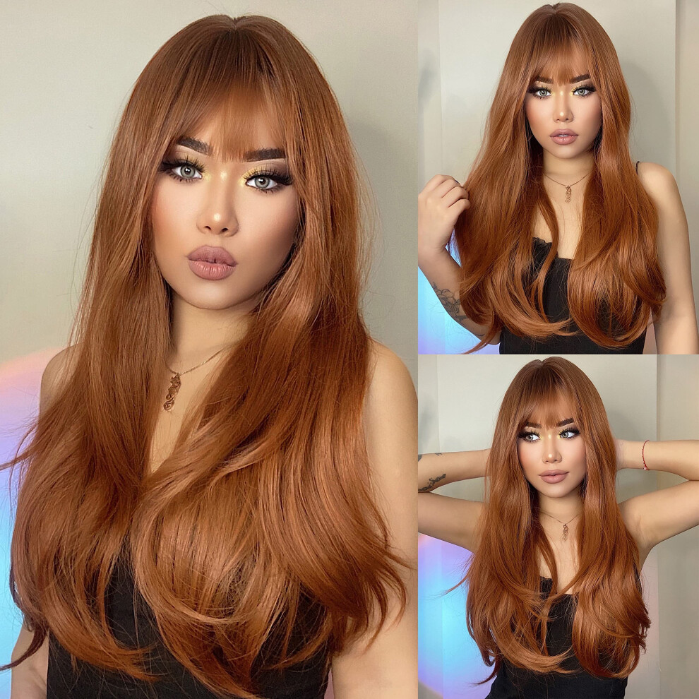Unisex Red Auburn Human Hair Wig With Bangs, Long Wavy Layers, Heatresistant, Natural Soft Hairline, Lightweight Cap