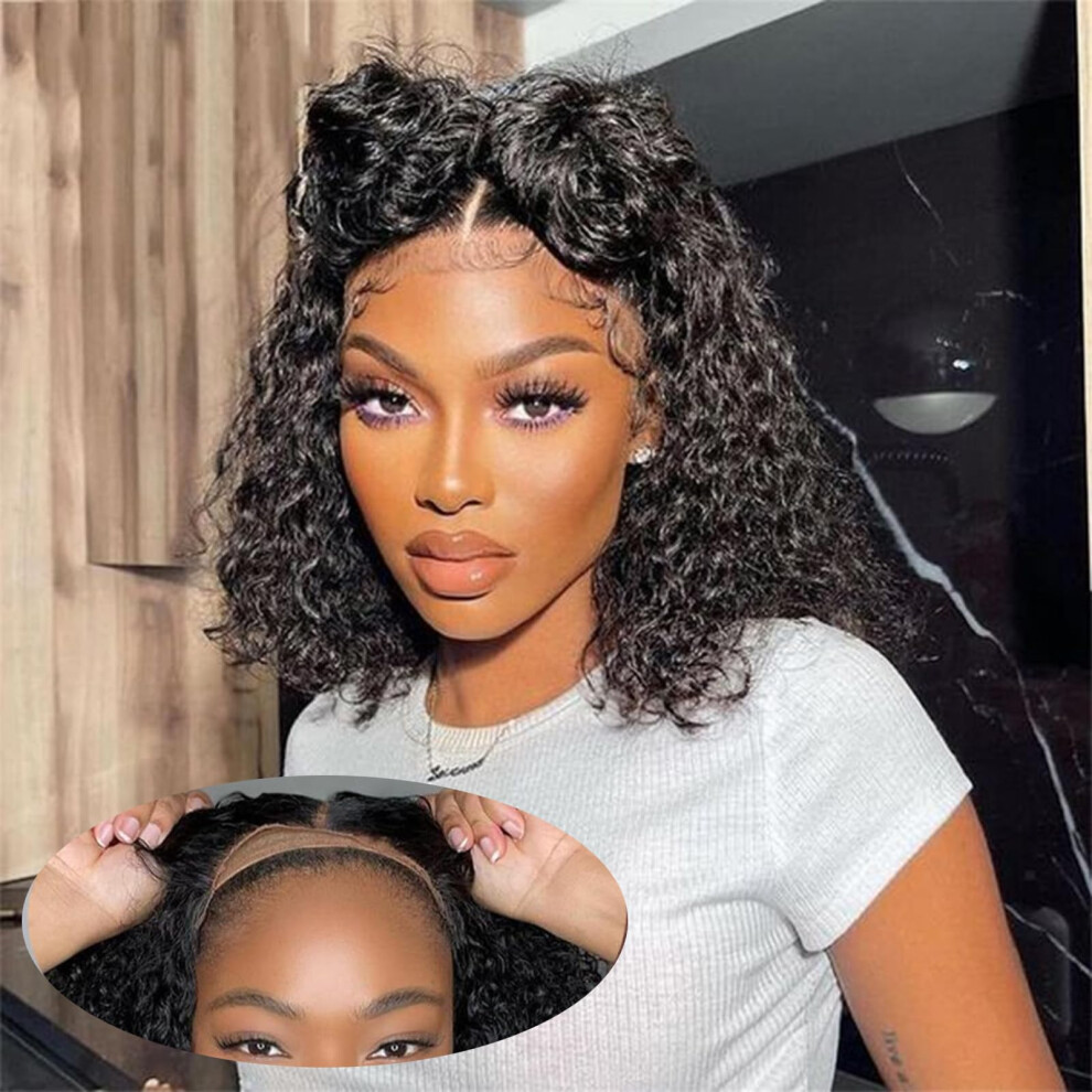 Water Wave Glueless Human Hair Bob Lace Front Wig 10inch Pre Plucked 180 Density for Black Women