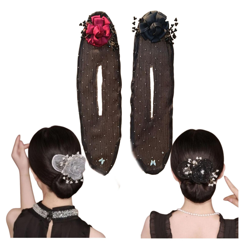 Flower Hair Bun Maker with Hand Embroidered Flowers, Quick Bun Styling Flexible Wire Tool (2PCSA)
