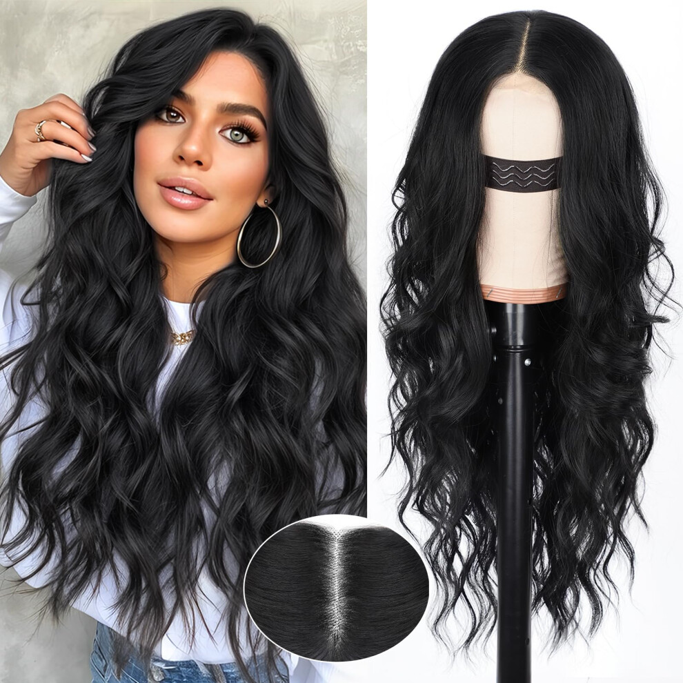 Unisex Black Long Lace Wig 26 Inch Wavy Curly Heat Resistant Synthetic Hair With Natural Hairline For Women