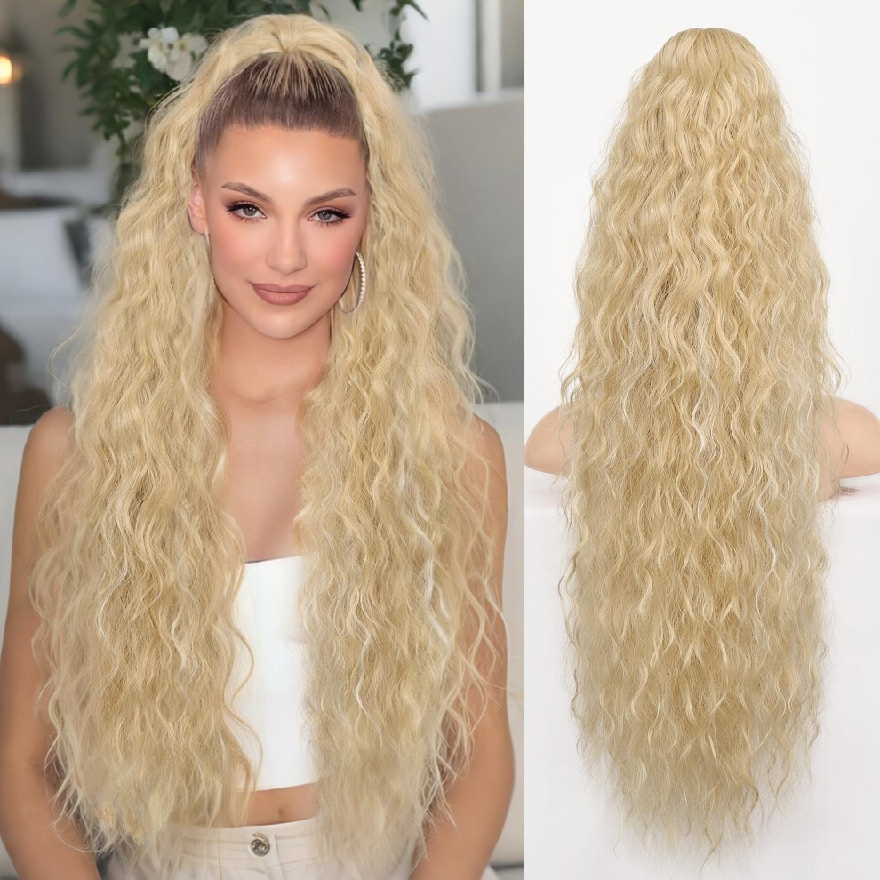 30 Inch Blonde Highlight Curly Ponytail Hair Extensions Clip in with Secure Claw Attachment