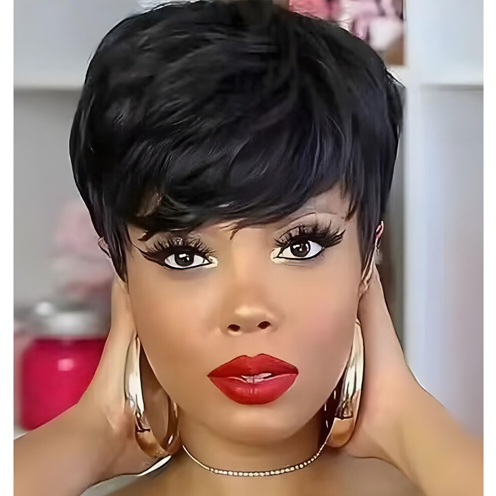 Unisex Black Short Pixie Wig For Women With Bangs, Synthetic Layered Natural Straight 1B Hair