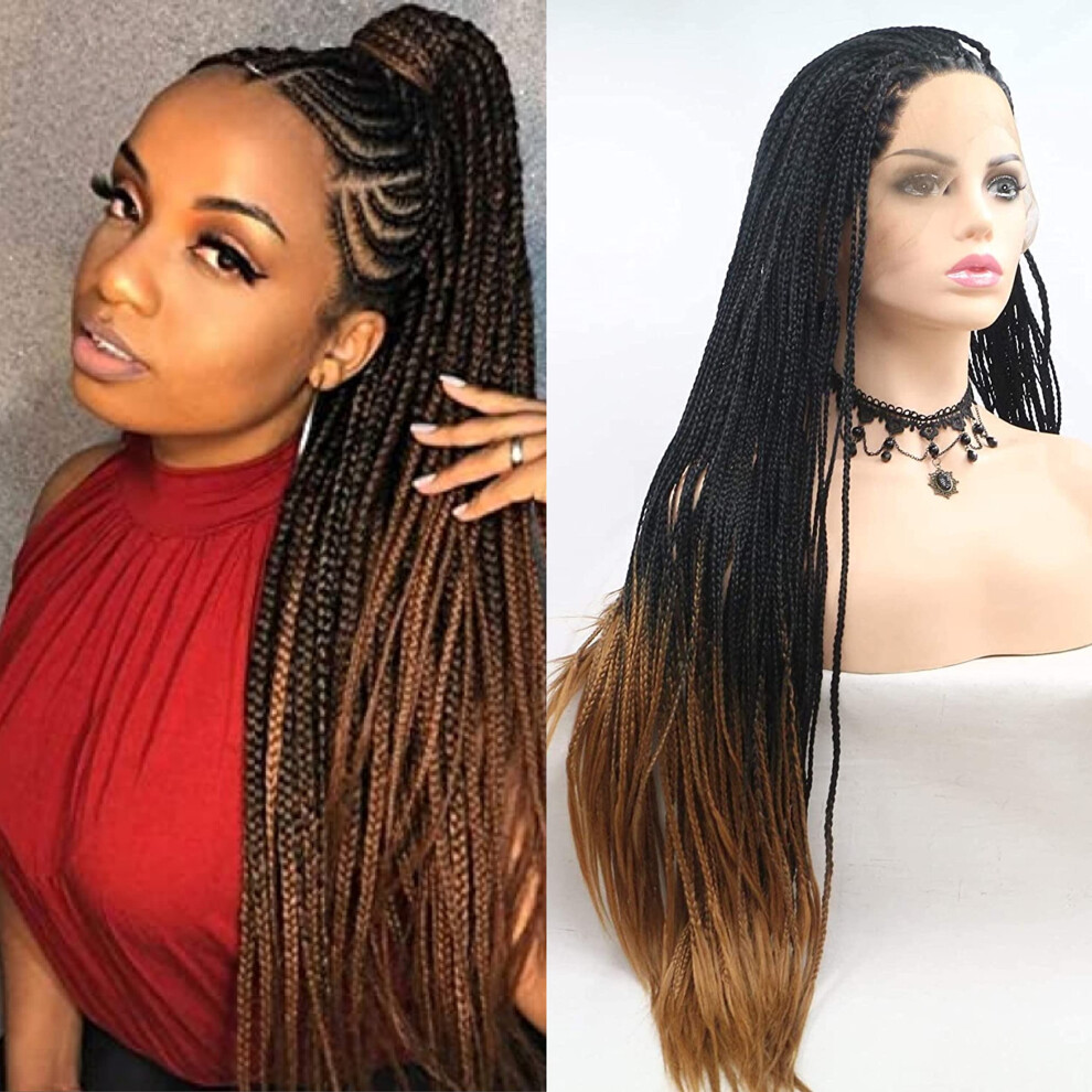 26 Inch Box Braids Lace Front Wig 1B/30 Color Synthetic Heat Resistant Wig for Women