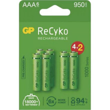 Pile GP Pile ricaricabili, AAA (HR03), 1,2 V, 950 mAh, , scatola, confezione da 6, ReCyko