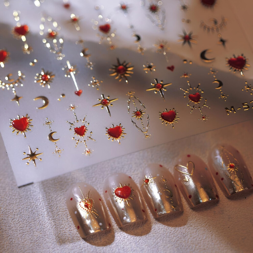 Red/Gold Nail Art Stickers Valentine's Day 5D Embossed Heart Moon Star Selfadhesive Decals For Diy Acrylic Nails