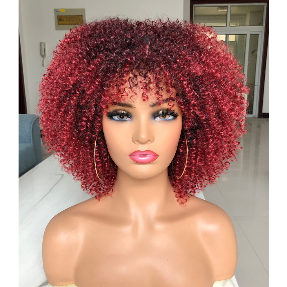 Unisex Black,Red Short Curly Afro Wig For Black Women Black To Red Gradient Synthetic Voluminous Style